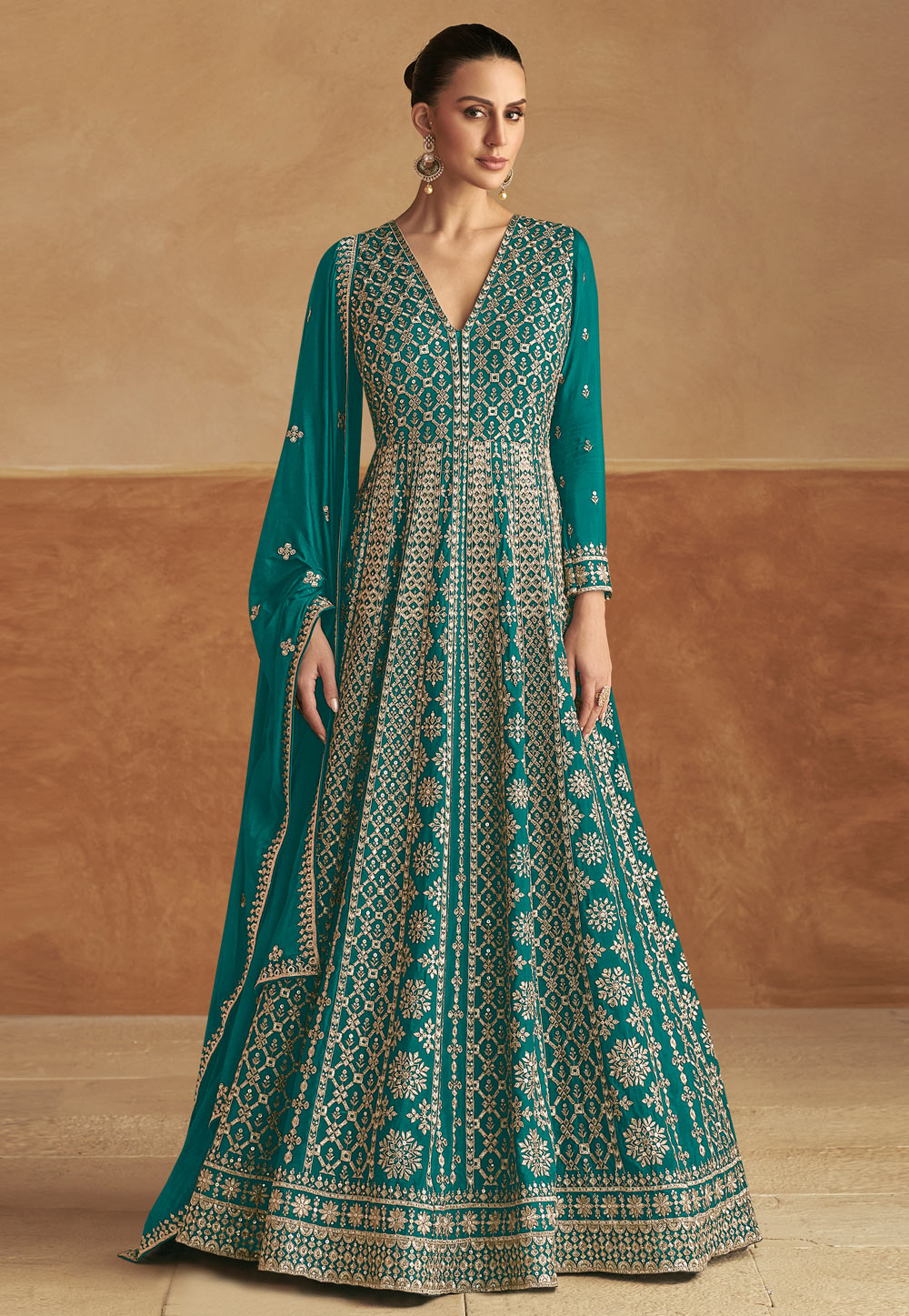 Teal Chinon Embroidered Long Anarkali Suit 306316