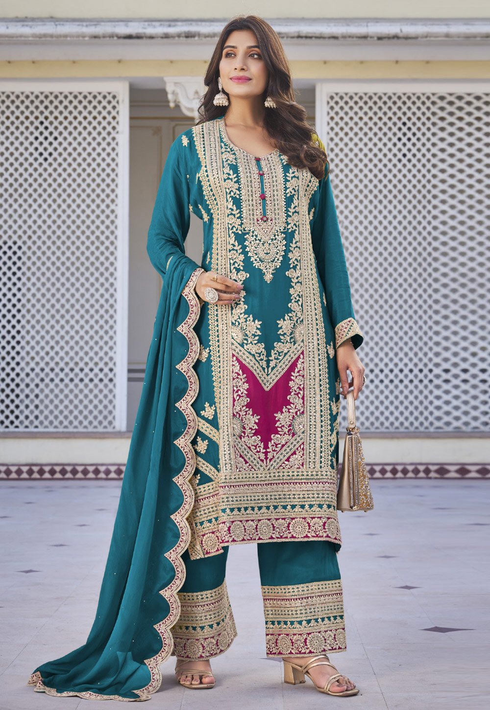 Teal Chinon Embroidered Pakistani Suit 285170