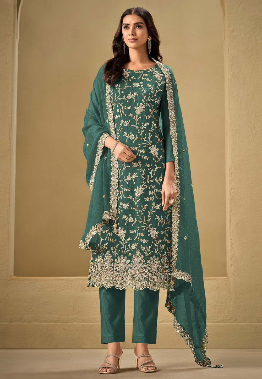 Teal Chinon Embroidered Pakistani Suit 305314