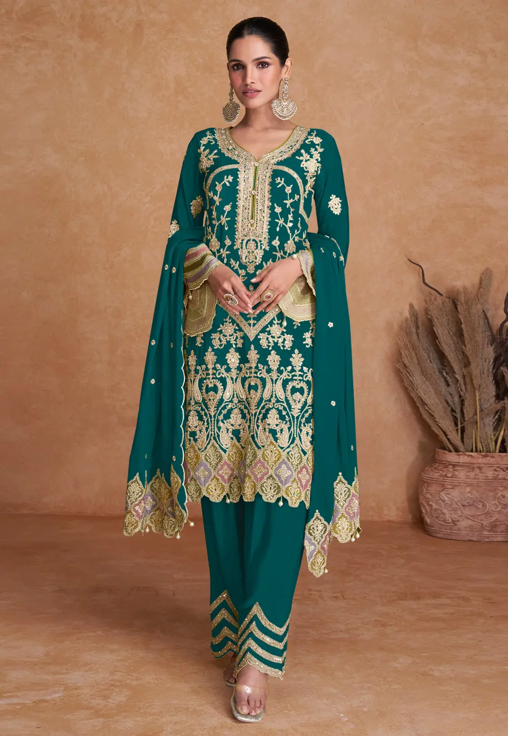 Teal Chinon Embroidered Pakistani Suit 297574