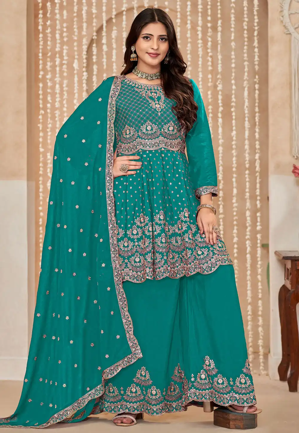 Teal Chinon Embroidered Palazzo Suit 292857