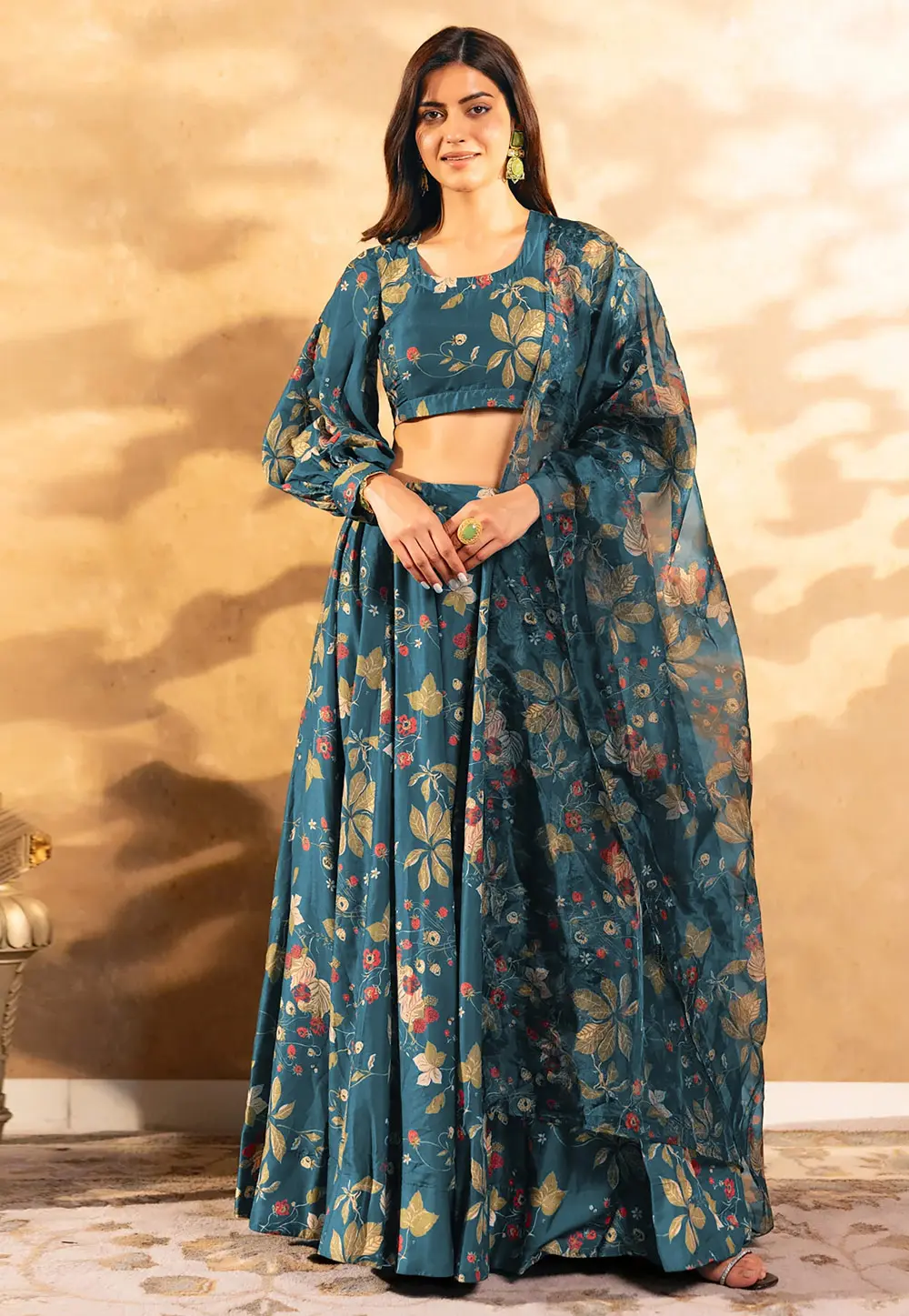 Teal Chinon Floral print Lehenga choli 304778