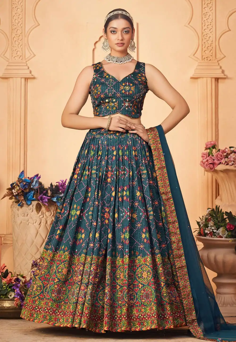 Teal Chinon Floral print Lehenga choli 293362