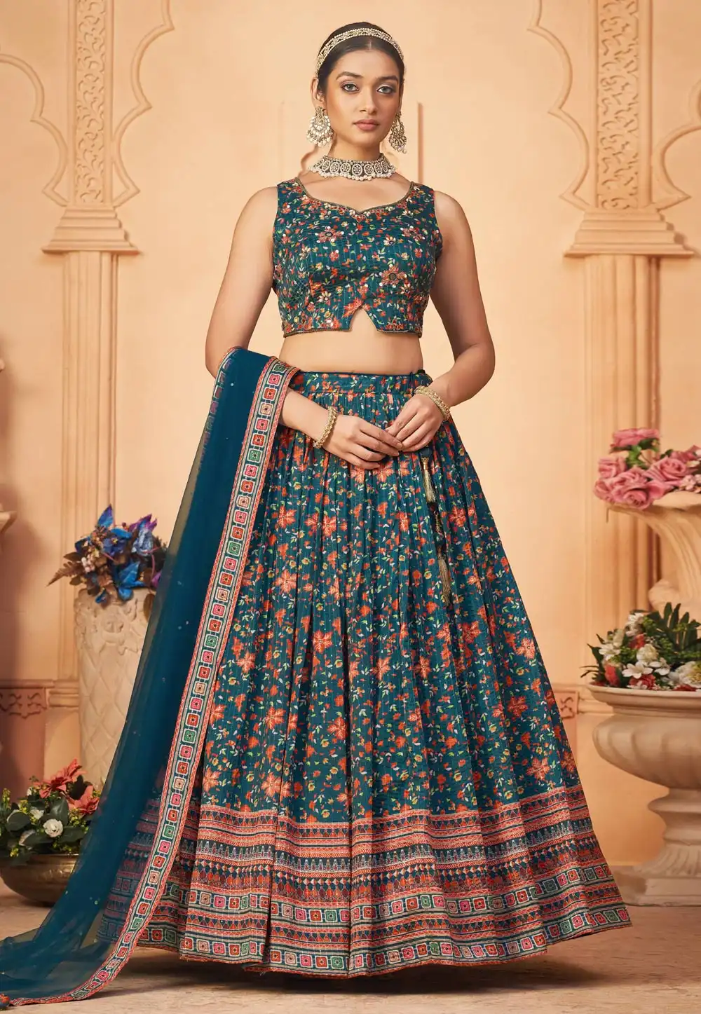 Teal Chinon Floral print Lehenga choli 293364