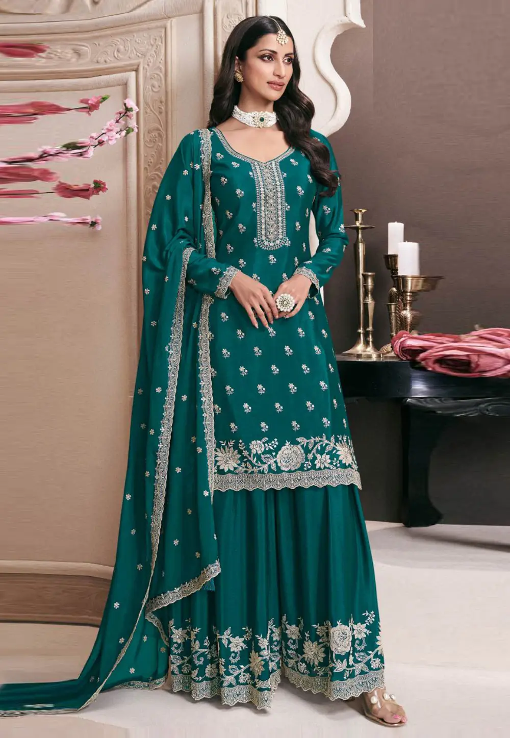 Teal Chinon Gharara Suit 303677