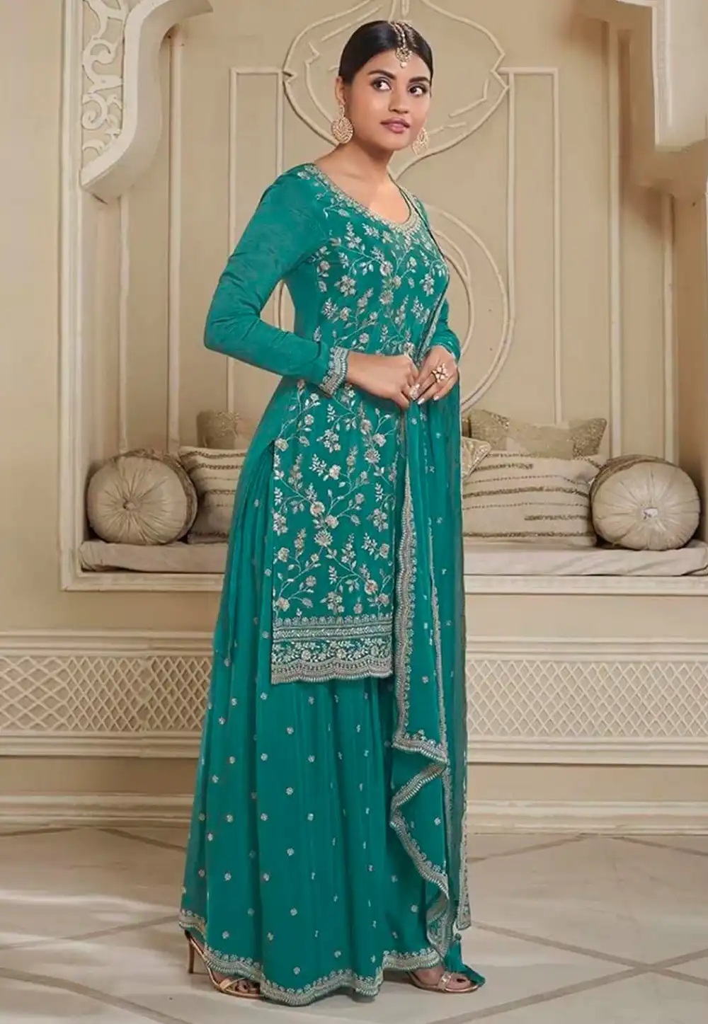 Teal Chinon Gharara Suit 288283