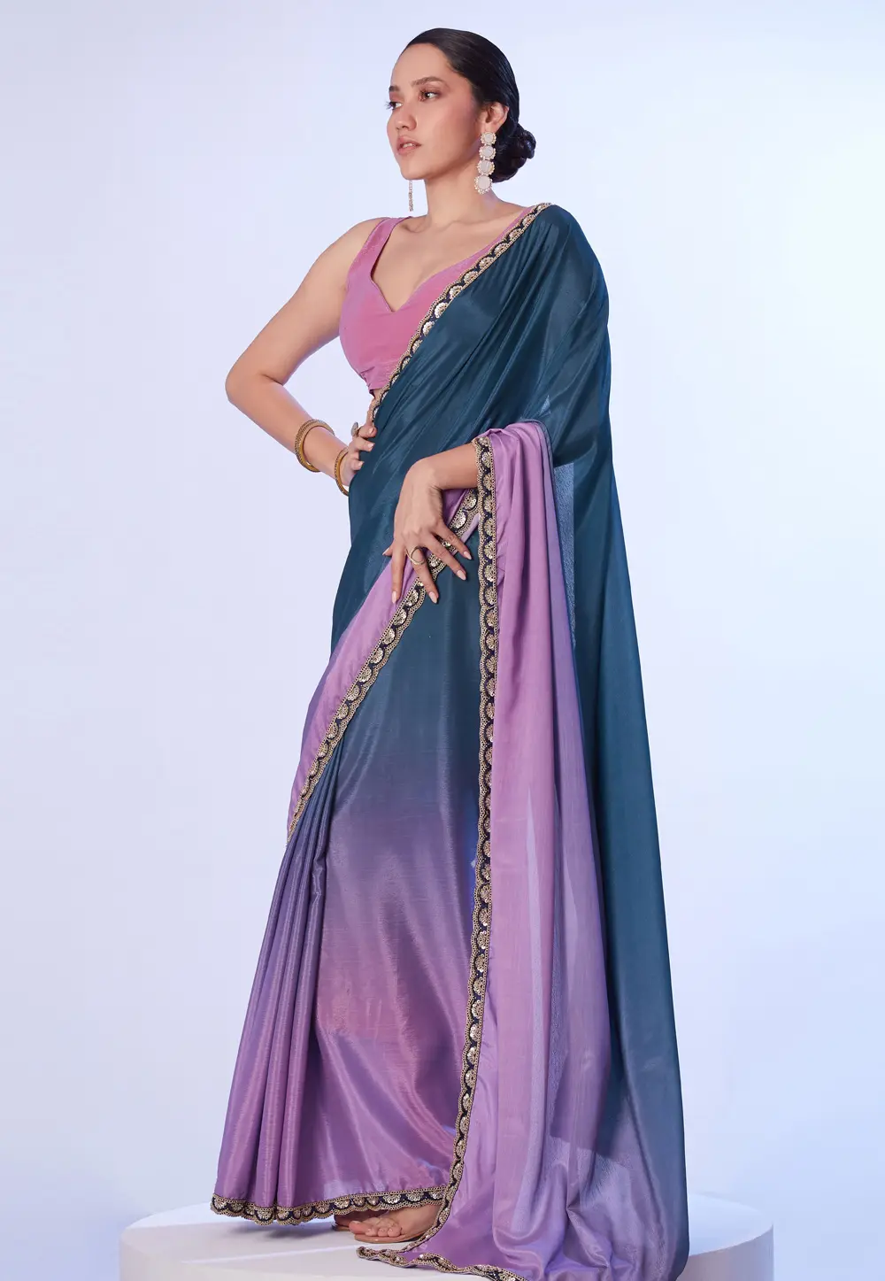 Teal Chinon Half N Half Saree 302802