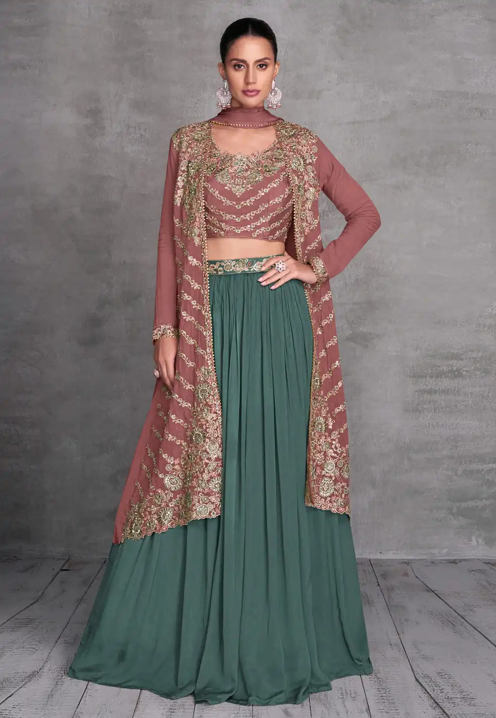 Teal Chinon Jacket Style Lehenga Choli 294468