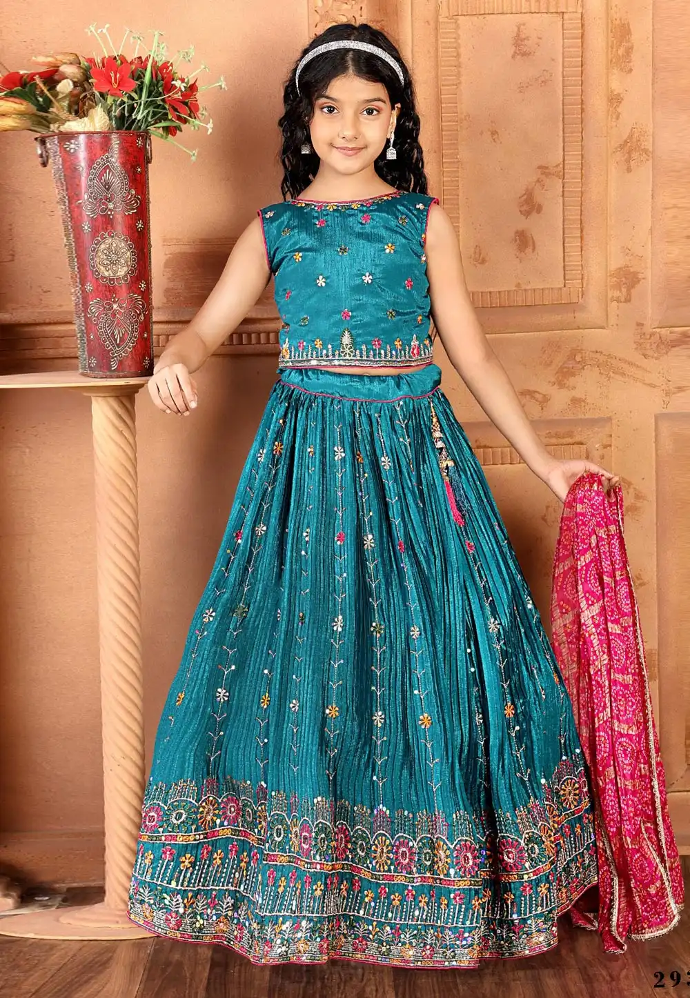 Teal Chinon Kids Lehenga Choli 293428