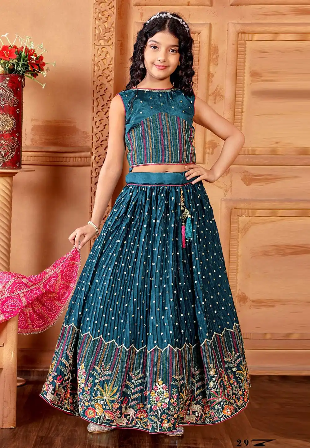 Teal Chinon Kids Lehenga Choli 293893