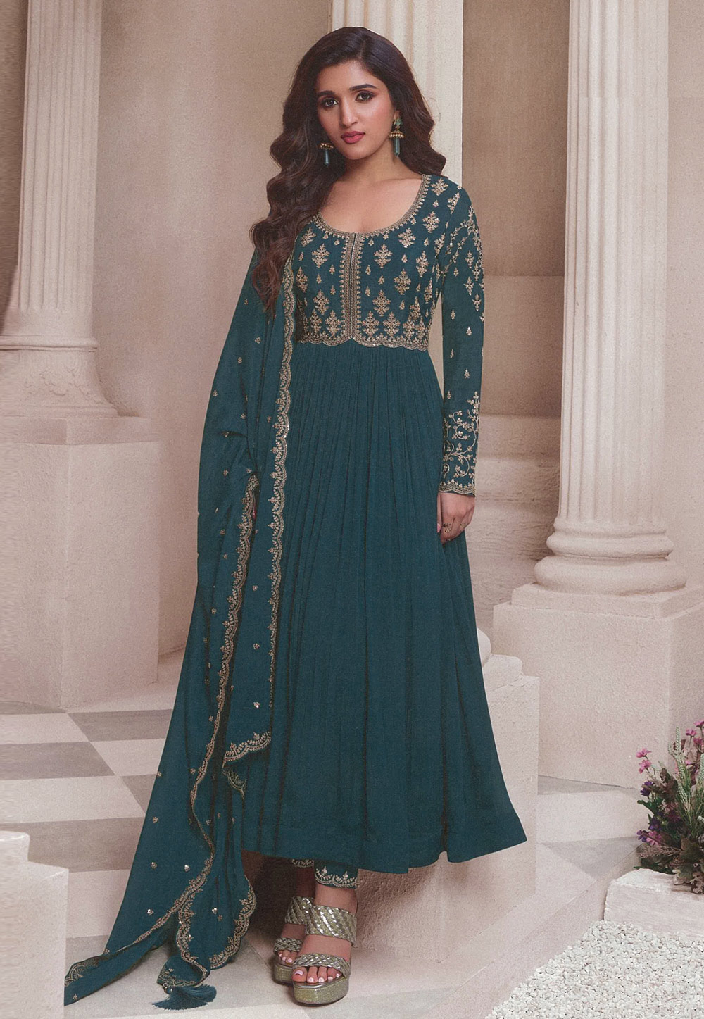 Teal Chinon Long Anarkali Suit 287099