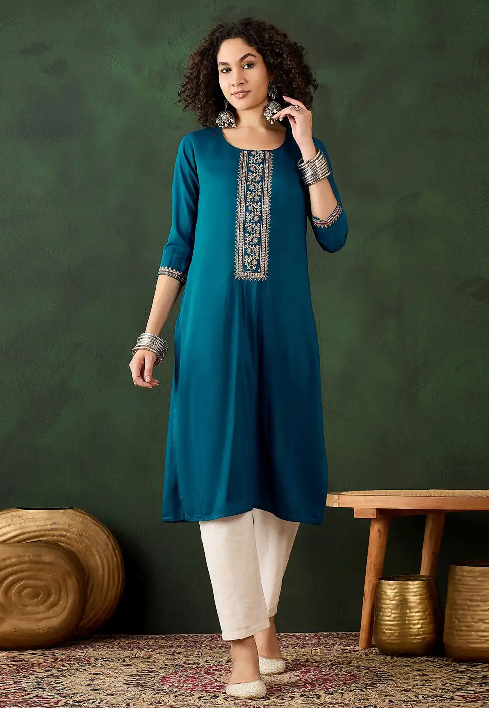 Teal Chinon Long Kurti 293685