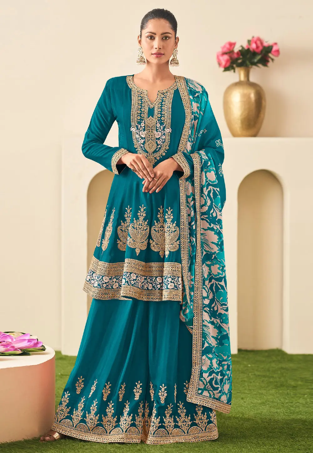 Teal Chinon Palazzo Suit 303882