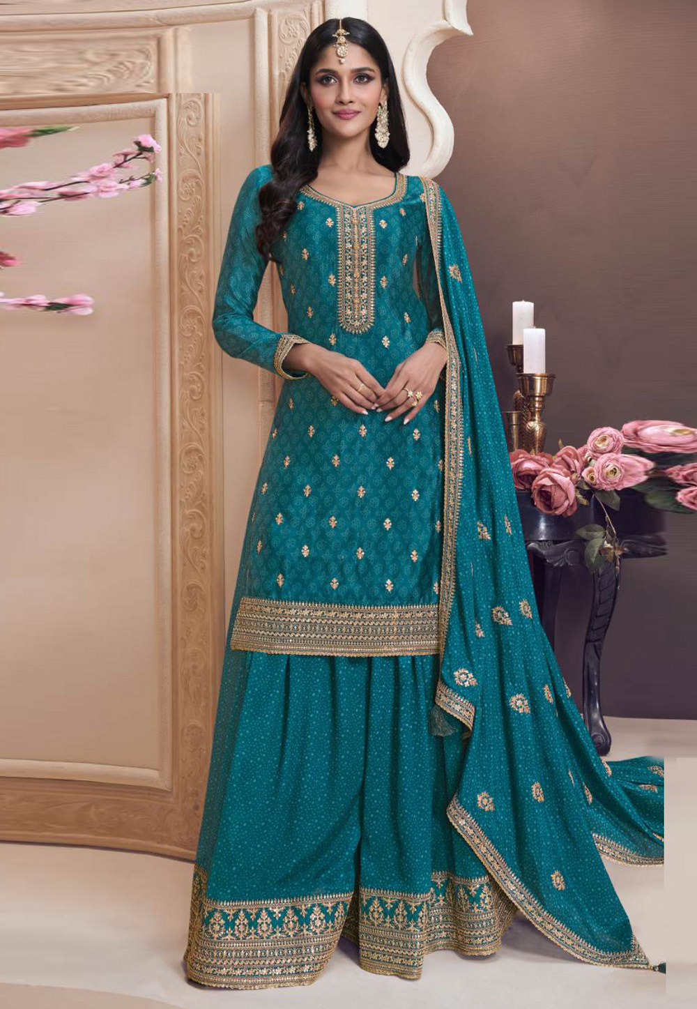 Teal Chinon Palazzo Suit 306296