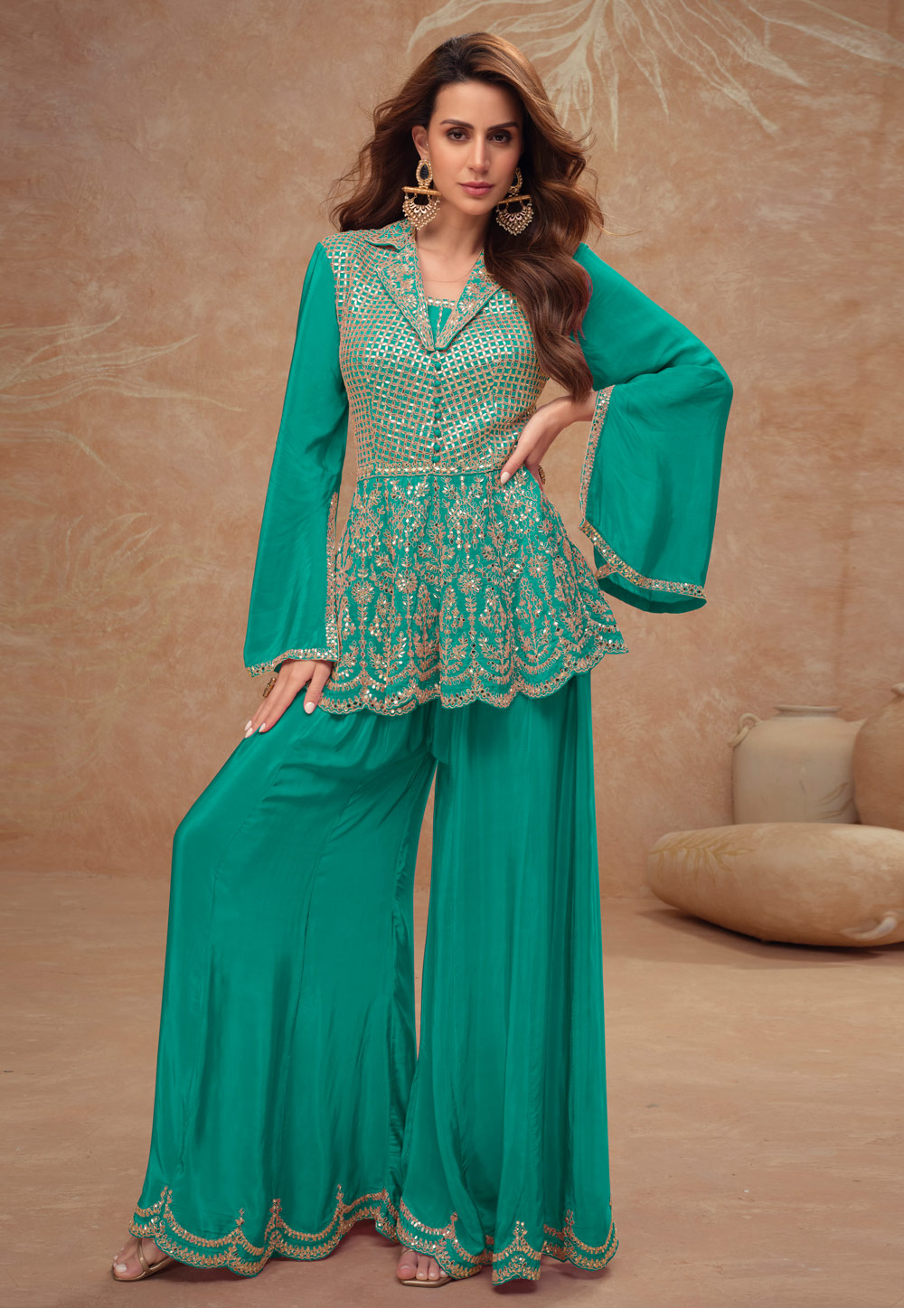 Teal Chinon Palazzo Suit 306199