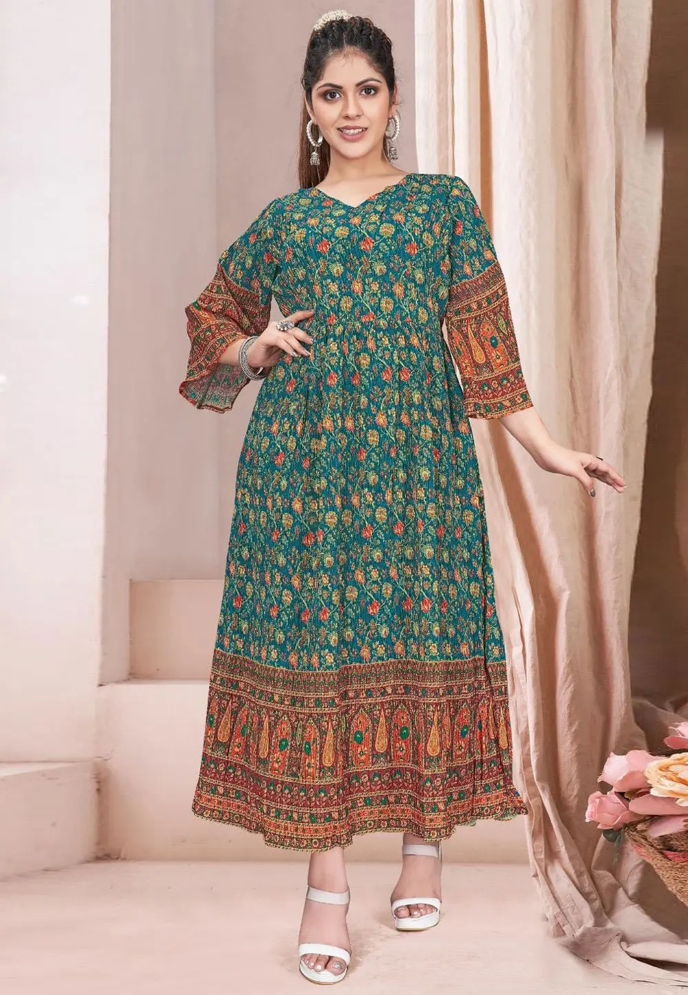 Teal Chinon Printed Long Kurti 304361