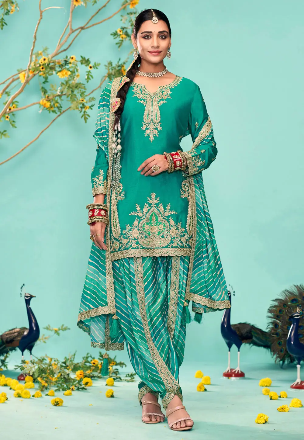 Teal Chinon Punjabi Suit 302318