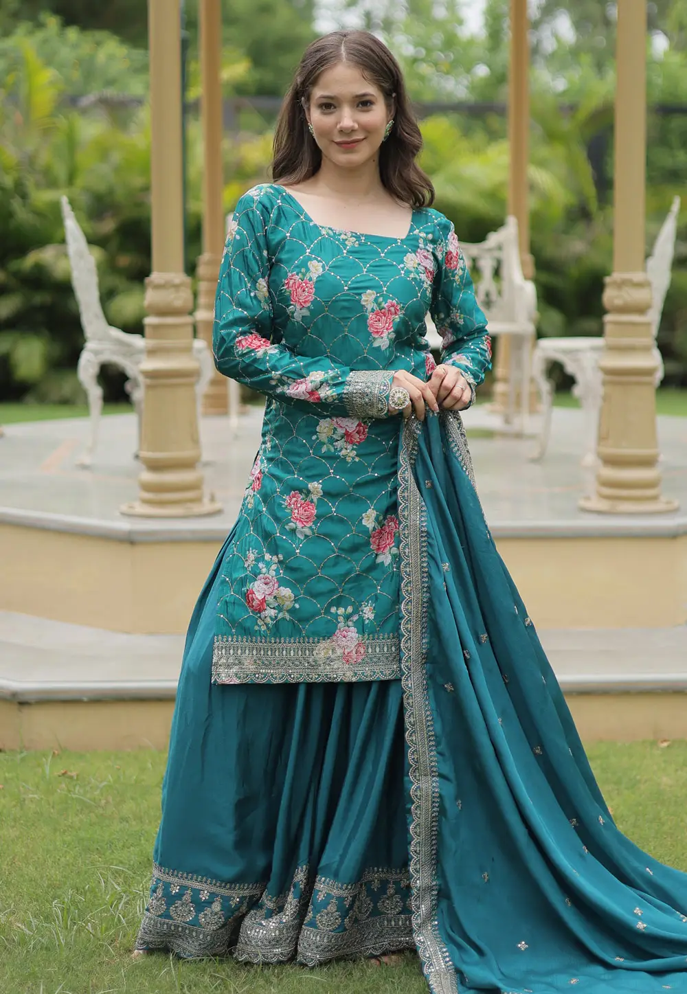 Teal Chinon Readymade Gharara Suit 297022