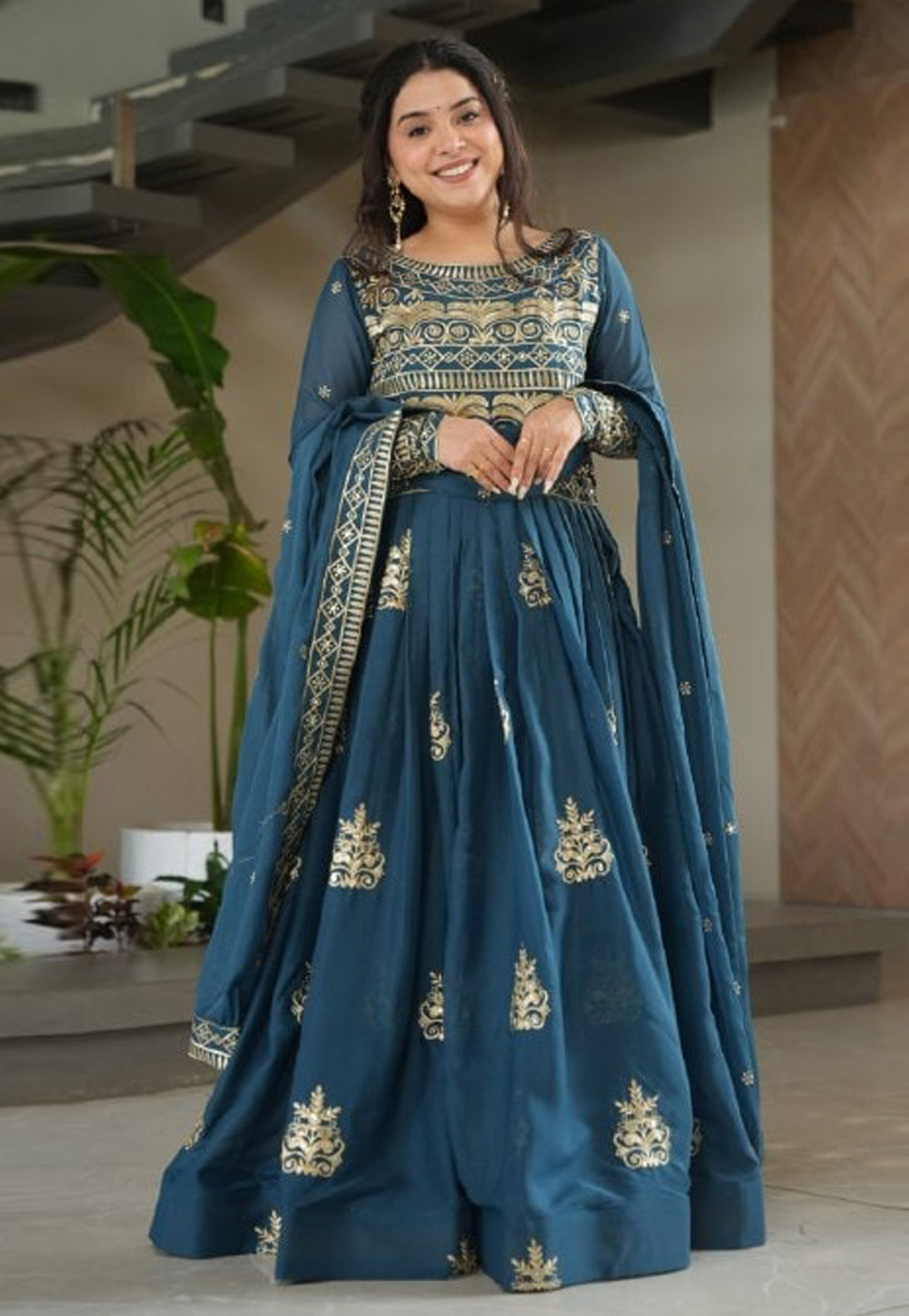Teal Chinon Readymade Long Anarkali Suit 311126