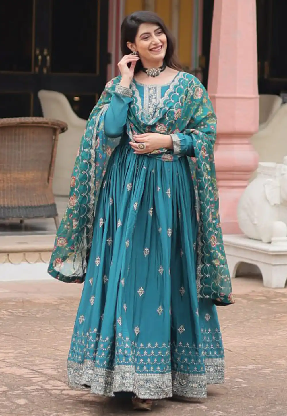 Teal Chinon Readymade Long Anarkali Suit 293615