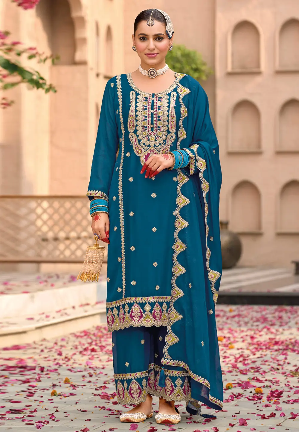 Teal Chinon Readymade Pakistani Suit 303515