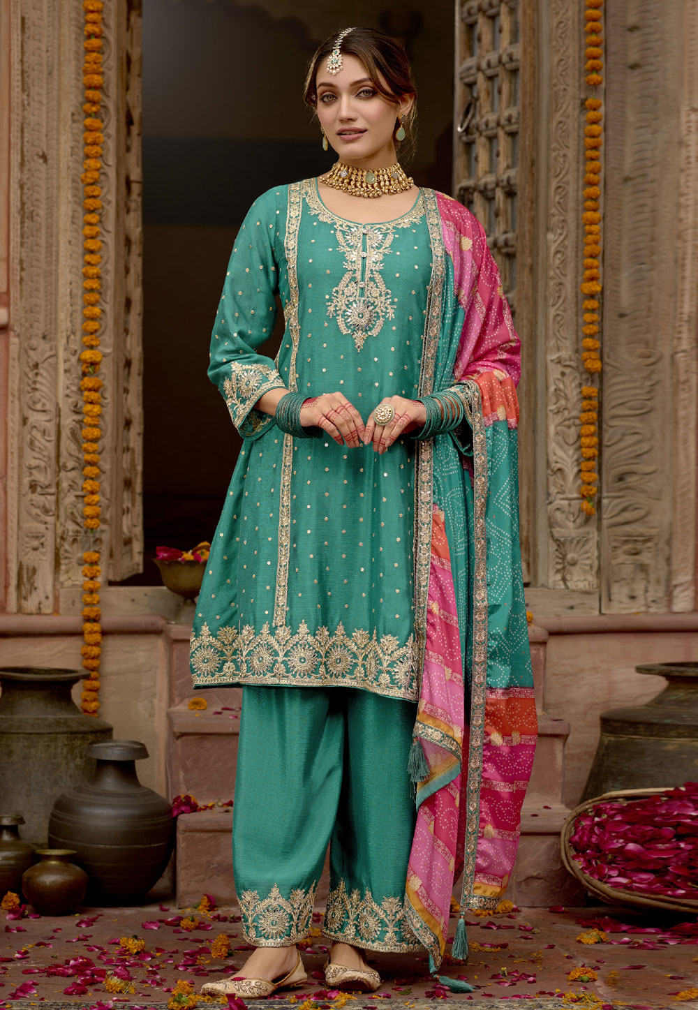 Teal Chinon Readymade Pakistani Suit 309605