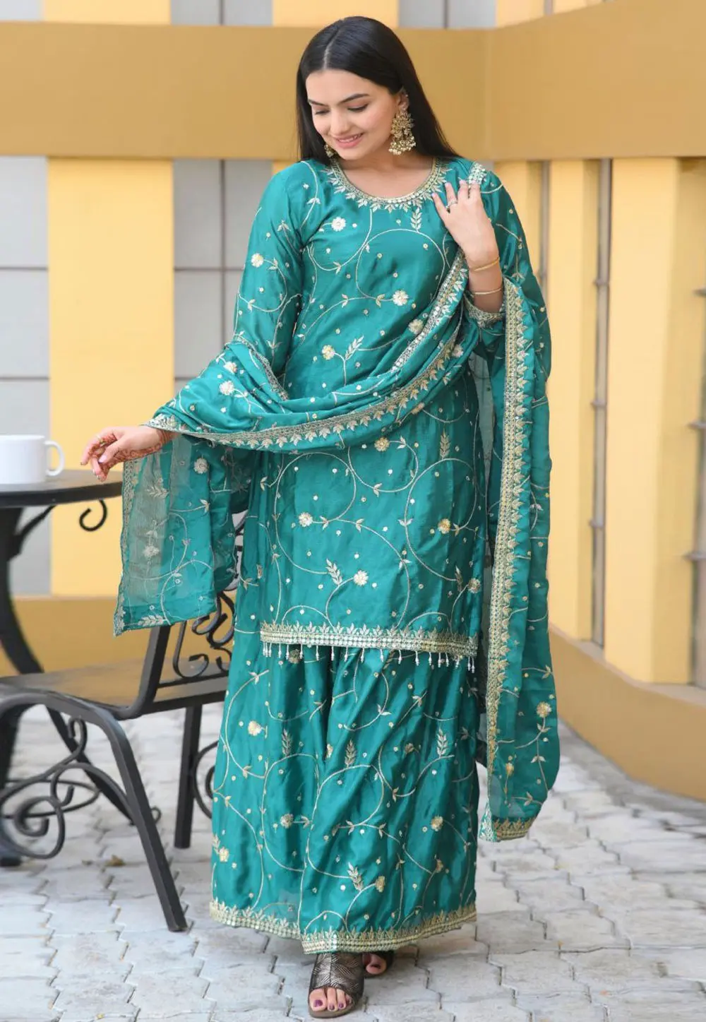 Teal Chinon Readymade Pakistani Suit 301677