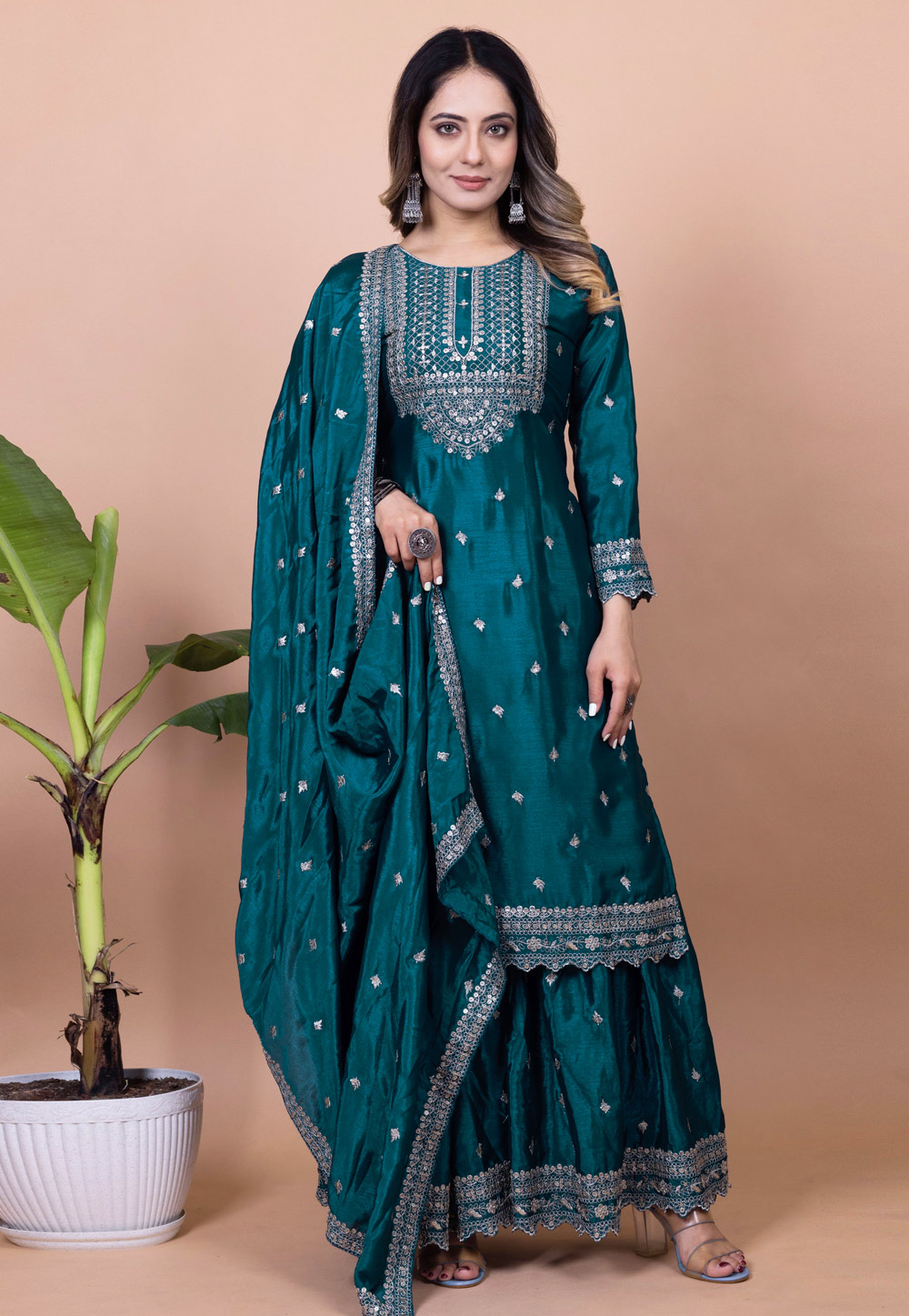 Teal Chinon Readymade Pakistani Suit 309953