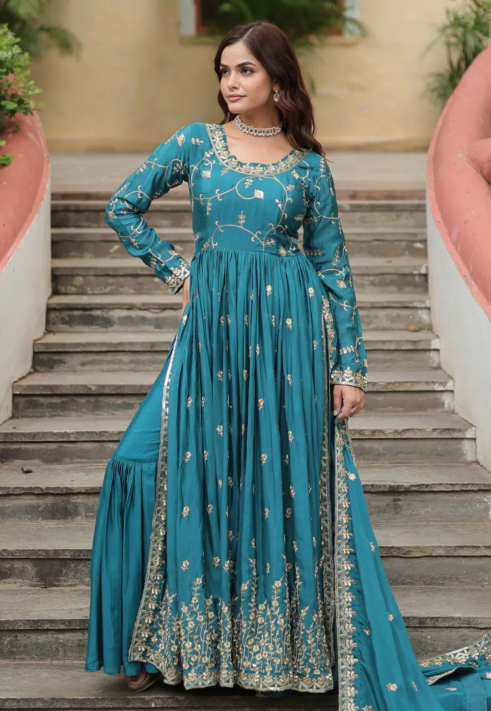 Teal Chinon Readymade Sharara Suit 297993