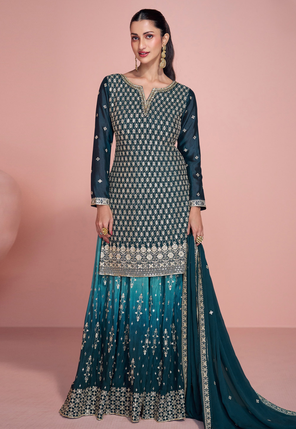 Teal Chinon Sharara Suit 310366