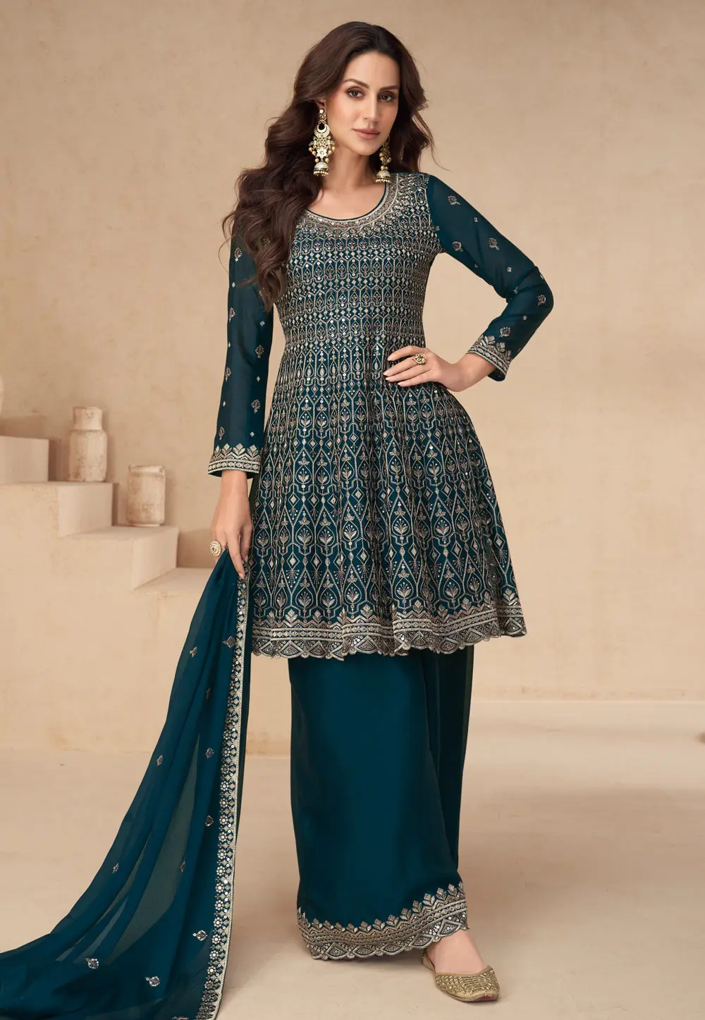 Teal Chinon Silk Embroidered Pakistani Suit 300390