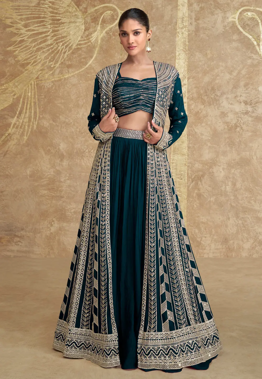 Teal Chinon Silk Indo Western Lehenga Choli 298642