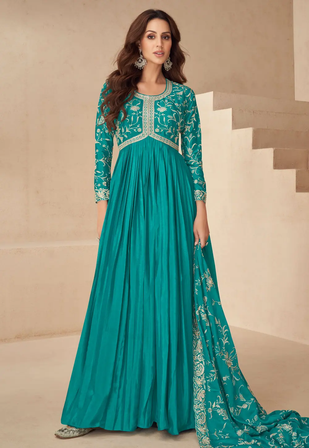 Teal Chinon Silk Long Anarkali Suit 298536