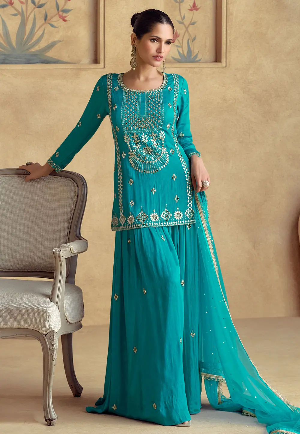 Teal Chinon Silk Palazzo Suit 298532