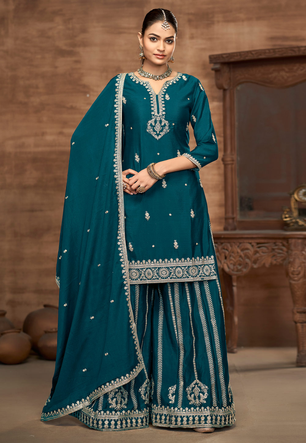 Teal Chinon Silk Palazzo Suit 309204