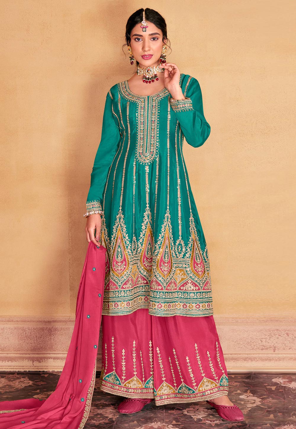 Teal Chinon Silk Palazzo Suit 284693