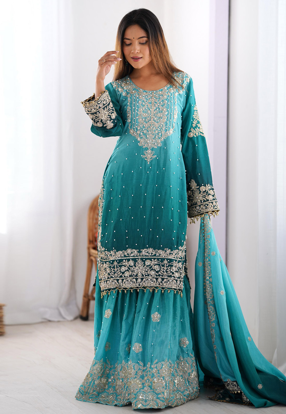 Teal Chinon Silk Readymade Gharara Suit 310716