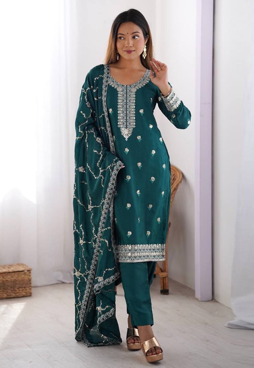 Teal Chinon Silk Readymade Pakistani Suit 310653