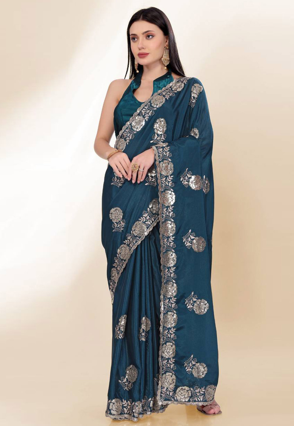 Teal Chinon Silk Saree With Blouse 305674