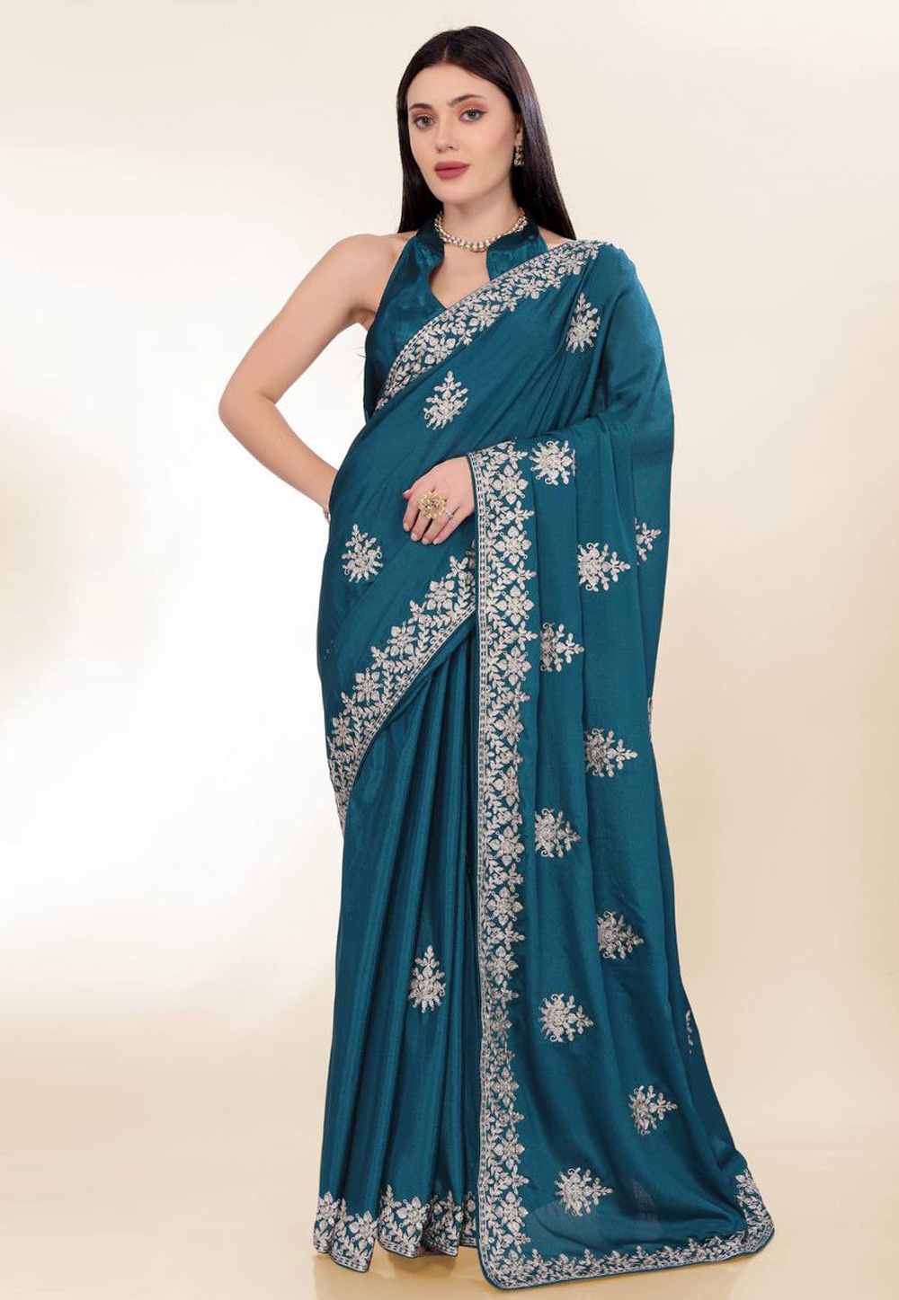 Teal Chinon Silk Saree With Blouse 305792