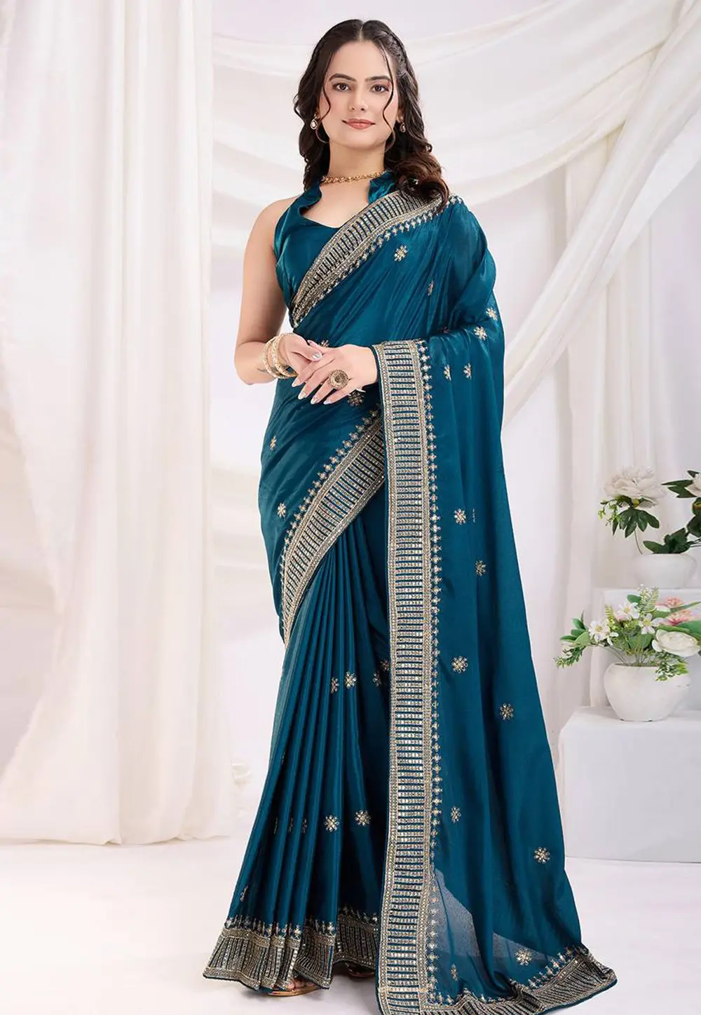 Teal Chinon Silk Saree With Blouse 302843