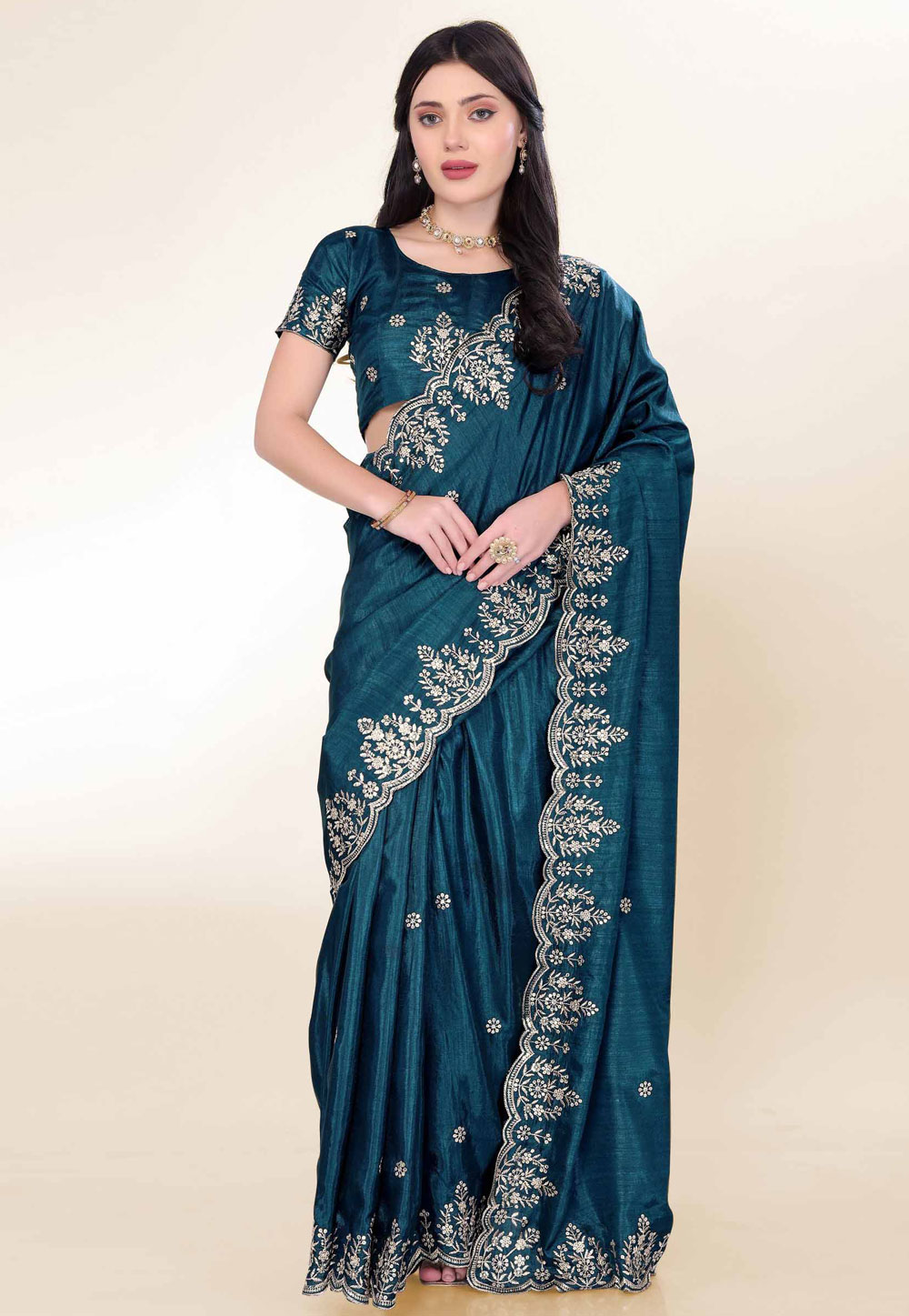 Teal Chinon Silk Saree With Blouse 305690