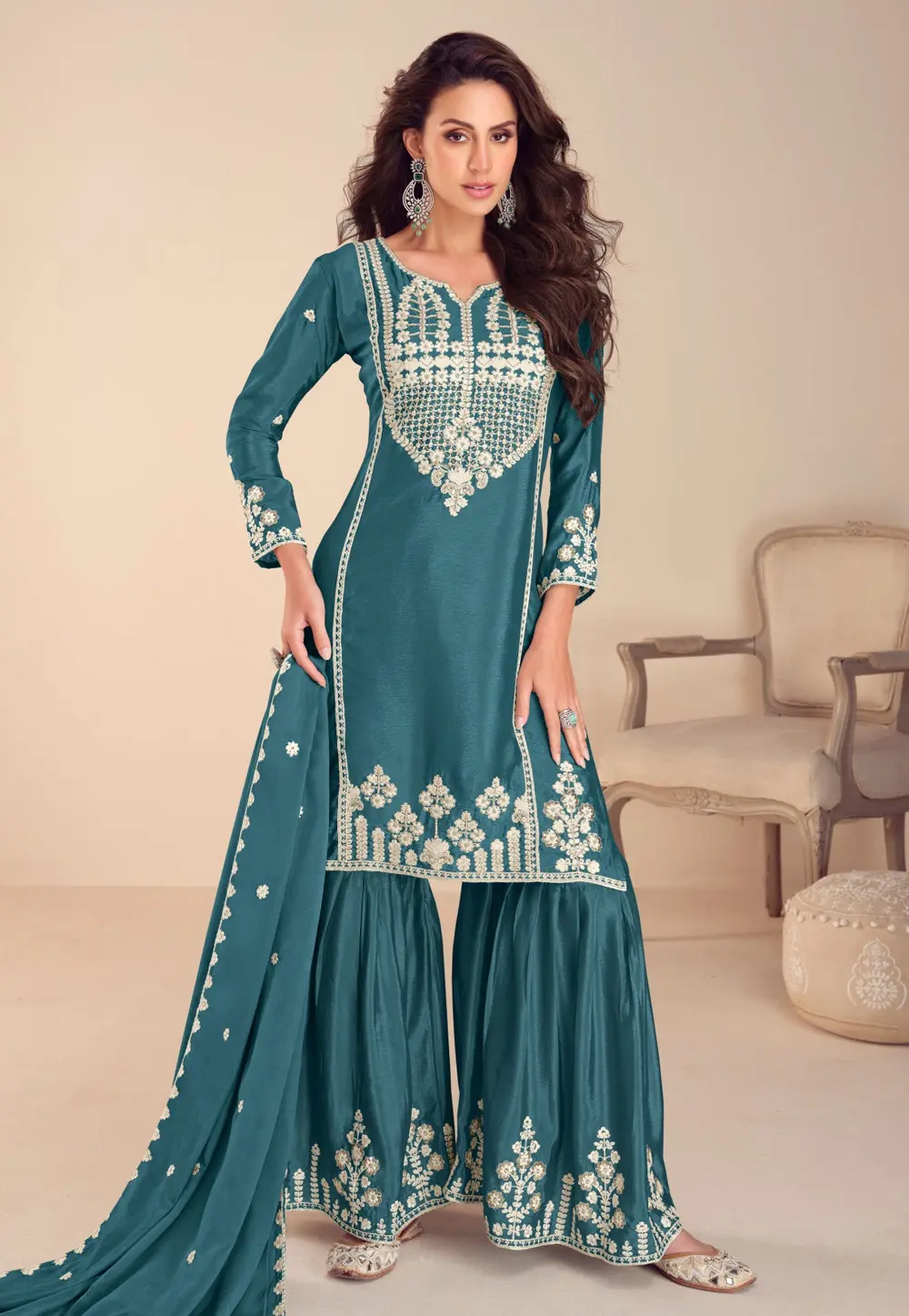 Teal Chinon Silk Sharara Suit 297290