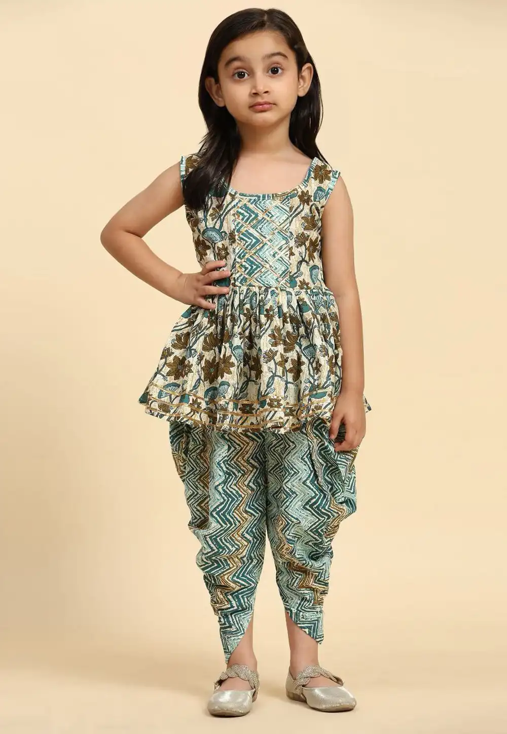 Teal Cotton Kids Dhoti Style Suit 293570