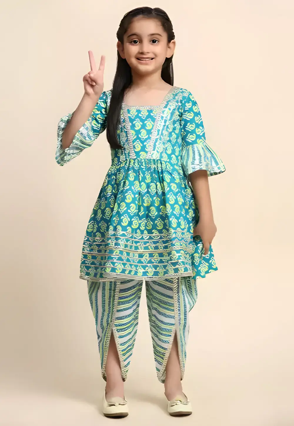 Teal Cotton Kids Dhoti Style Suit 296603