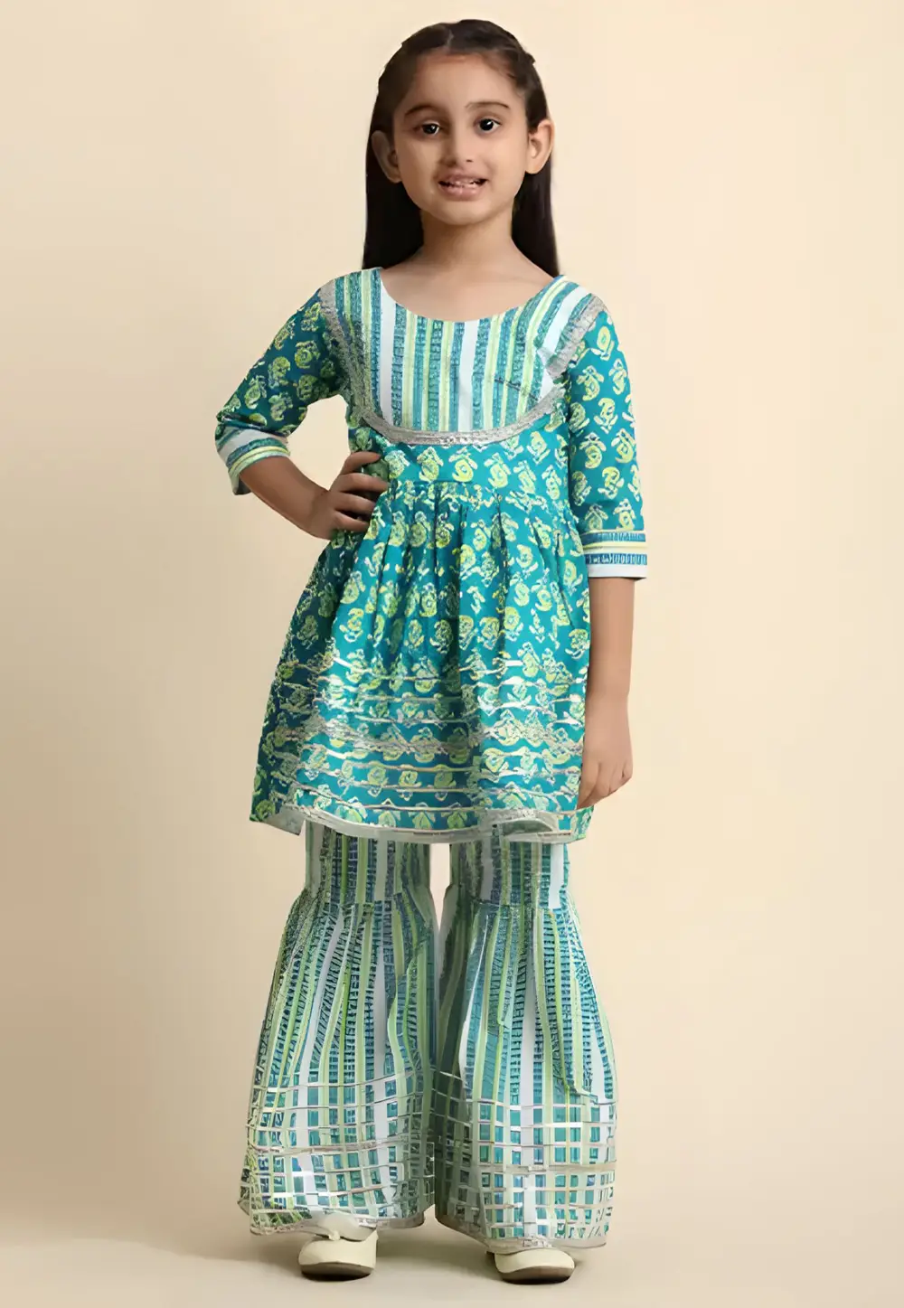 Teal Cotton Kids Sharara Suit 296605