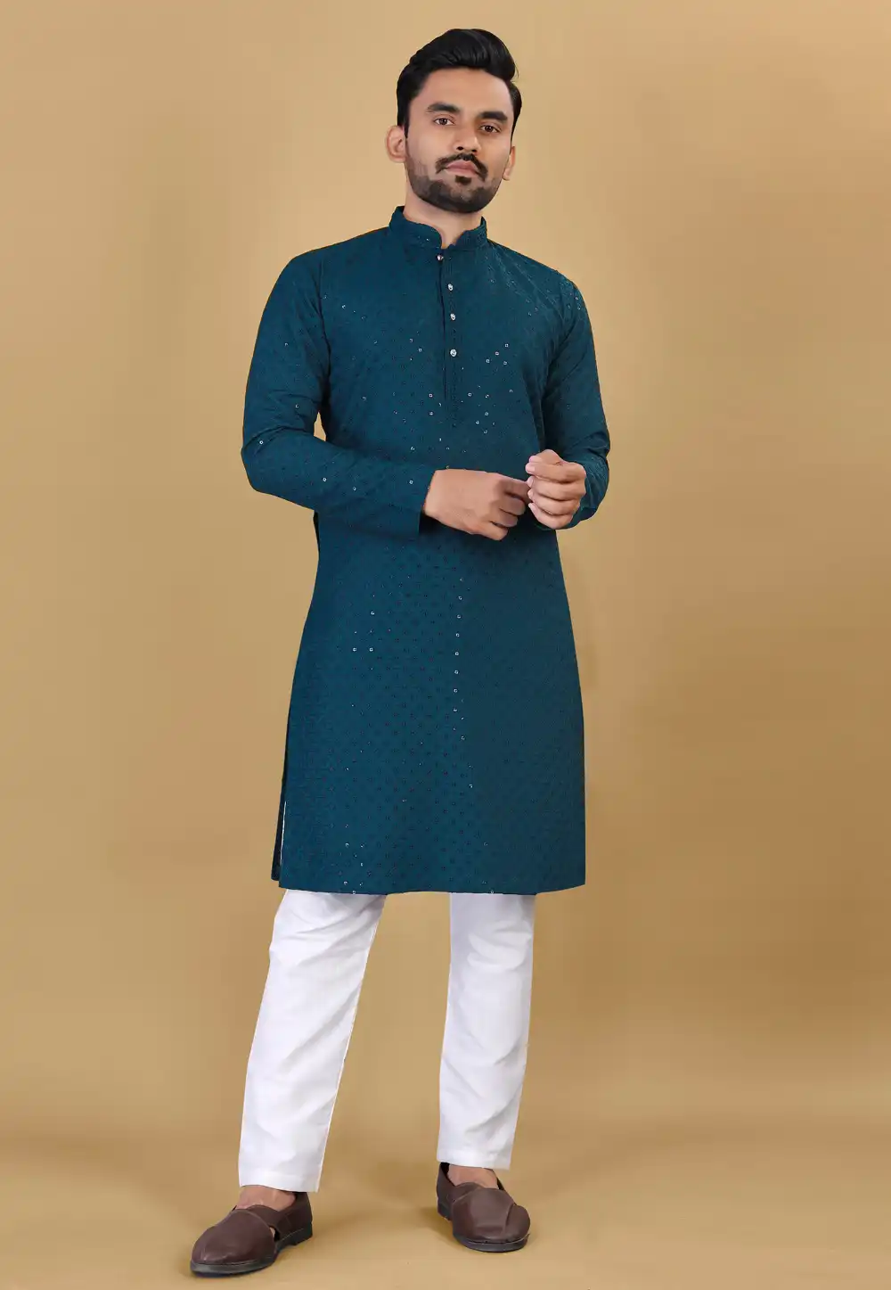 Teal Cotton Kurta Pajama 294001