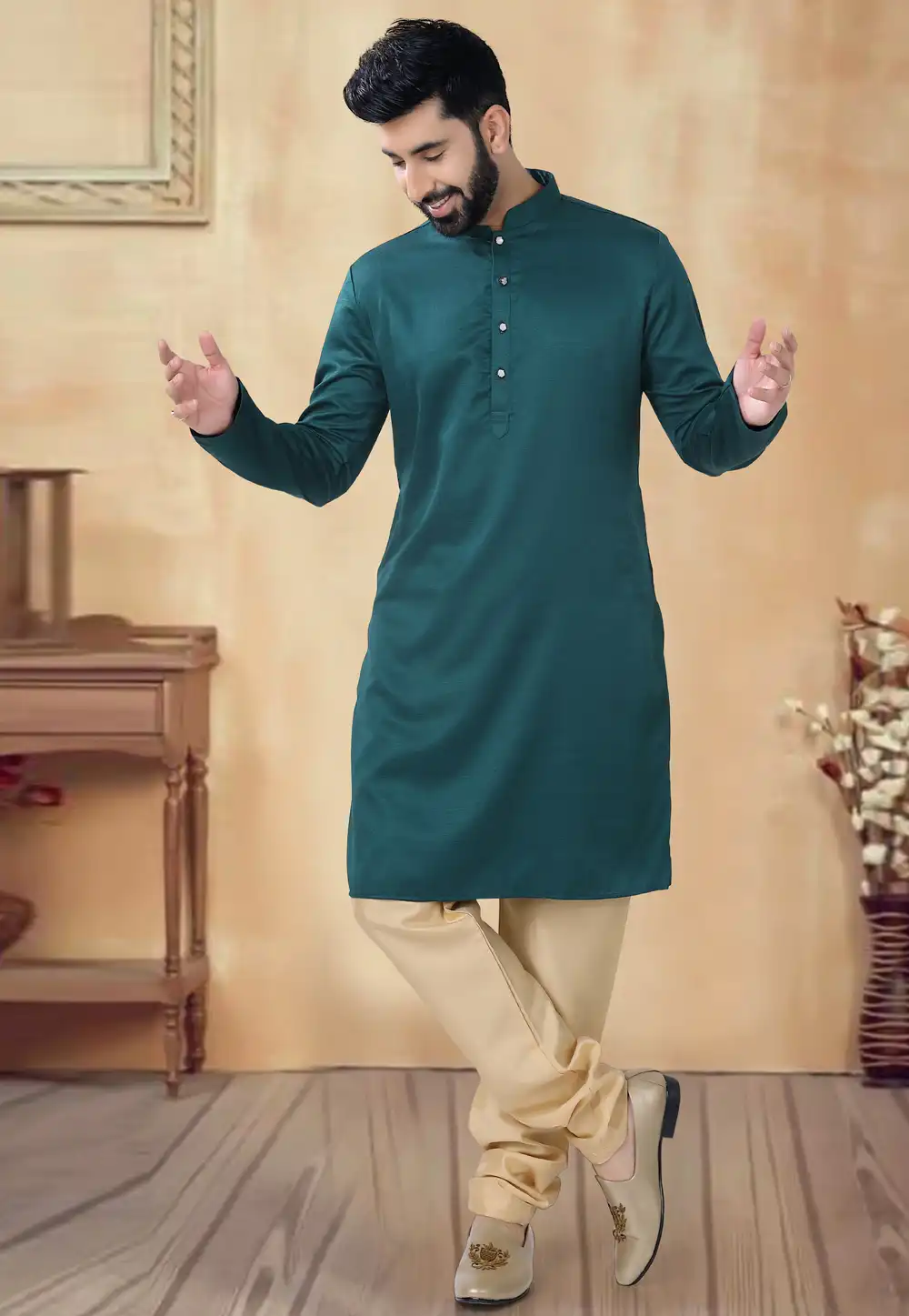 Teal Cotton Kurta Pajama 292376