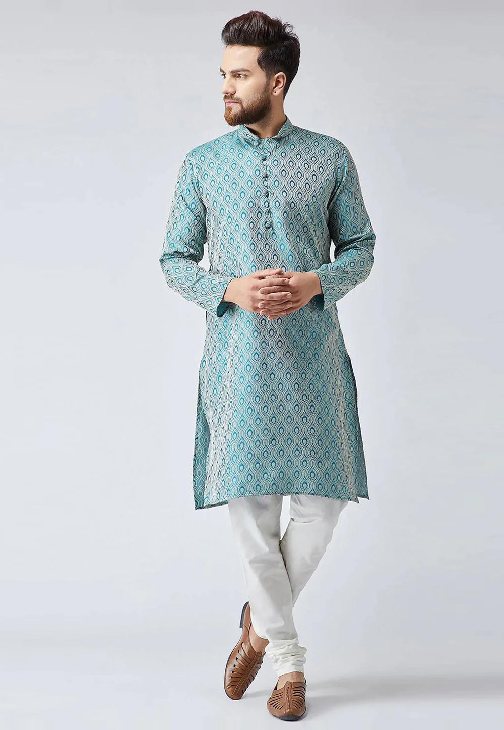 Teal Cotton Kurta Pajama 281581