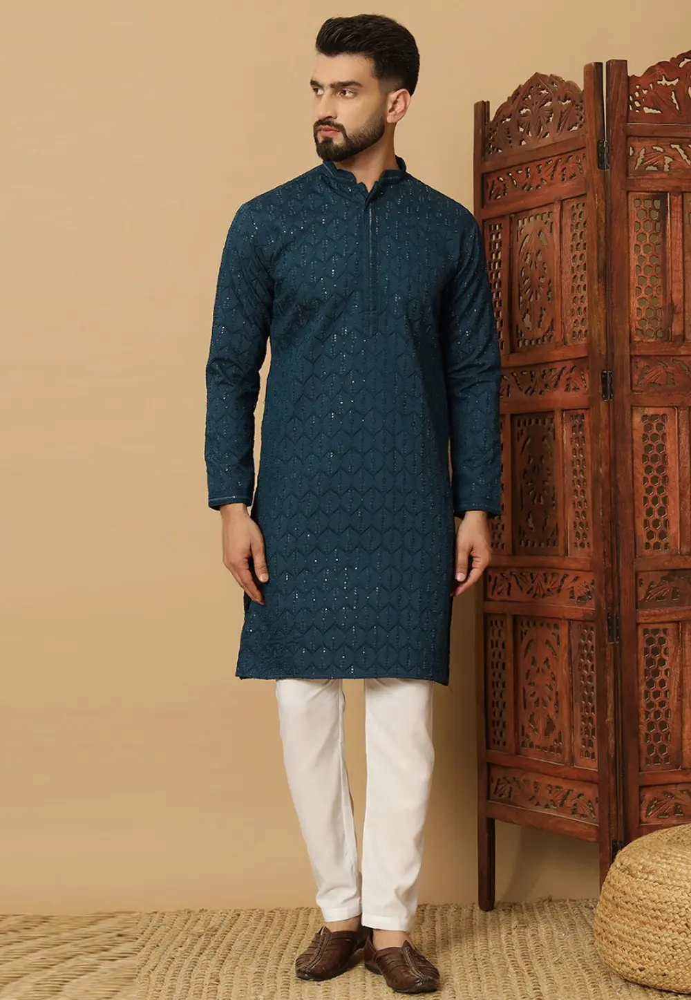 Teal Cotton Kurta Pajama 297684